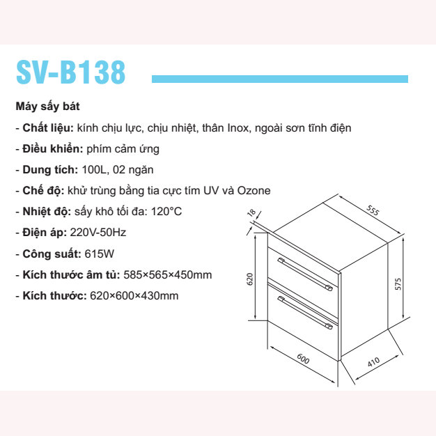 kích thước máy sấy bát sevilla sv b138 giá rẻ chính hãng