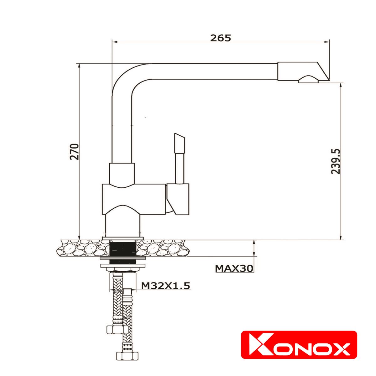 kích thước cấu tạo thiêt kế vòi rửa bát konox KN1205