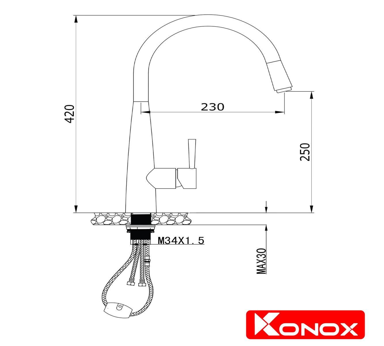kích thước vòi rửa bát konox KN1901C